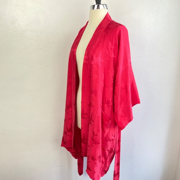 Hot Pink Chinese Peignoir Kimono Short Robe Large Bamboo Leaves Tie Belt Pockets - Picture 11 of 16